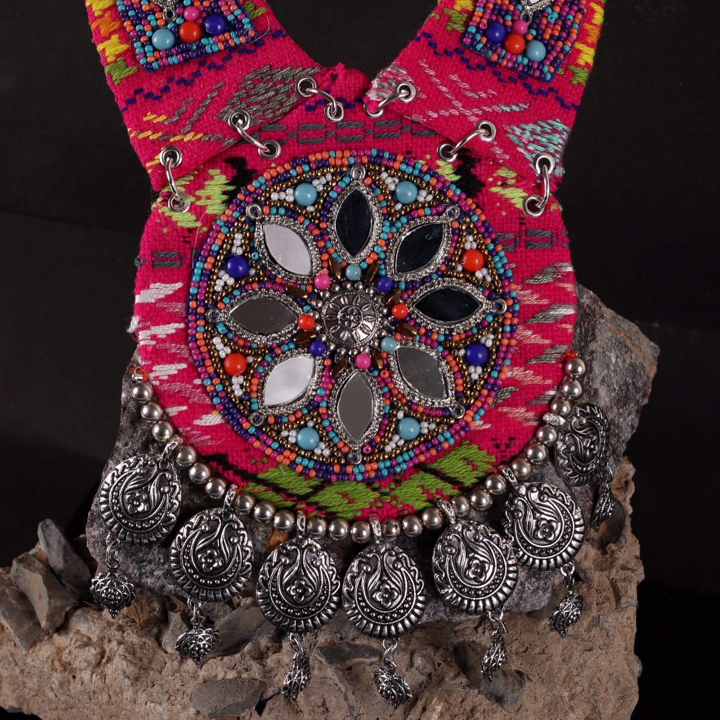 Pink Mirror Ethnic Beaded Necklace