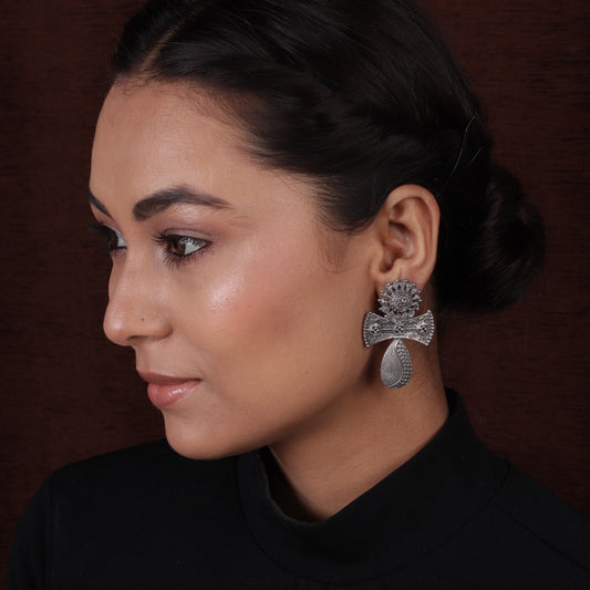 Antique Silver Black Finish Religious Designed Earrings