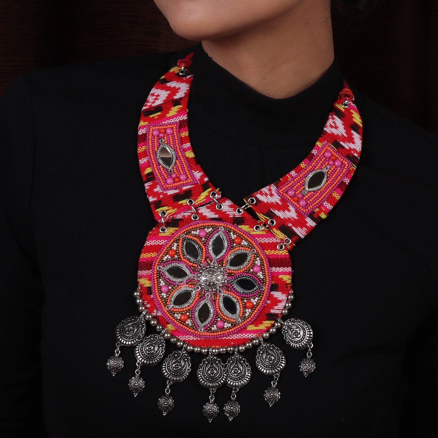 Red Mirror Ethnic Beaded Necklace