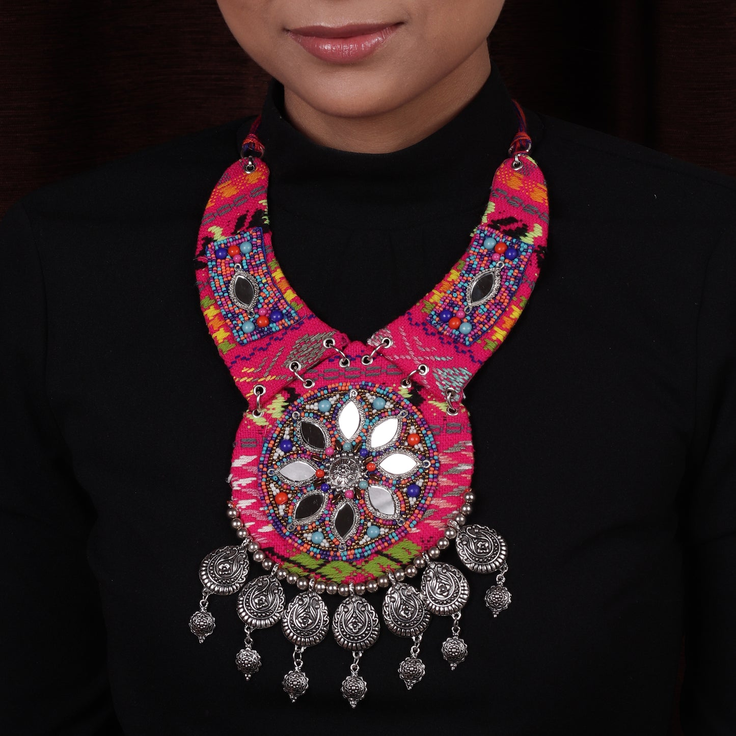Pink Mirror Ethnic Beaded Necklace