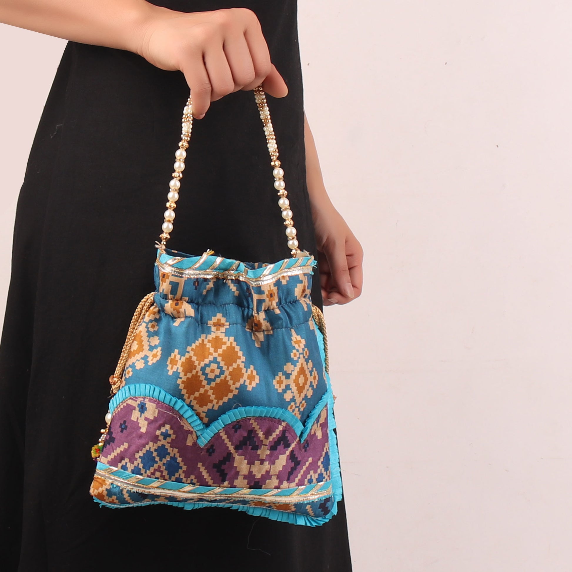 Potli,Glitter embellished Blue Ikat Print Potli - Cippele Multi Store