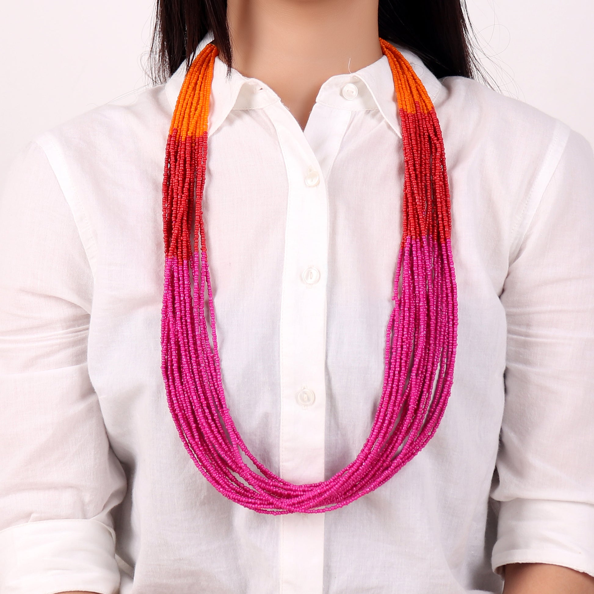 Necklace,Boho Beaded Necklace with three color punch (Pink & Orange) - Cippele Multi Store