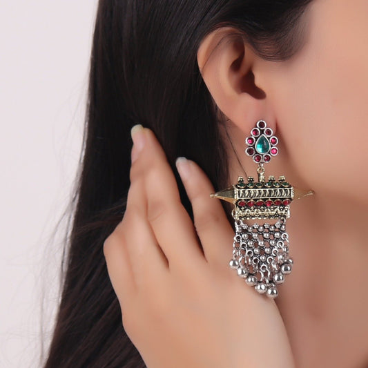 Earrings,Offbeat earrings in Double Tone (with Red and Green Rhinestones) - Cippele Multi Store