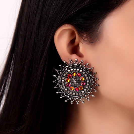 Earrings,Bold Flower Studs in Pink and Orange - Cippele Multi Store