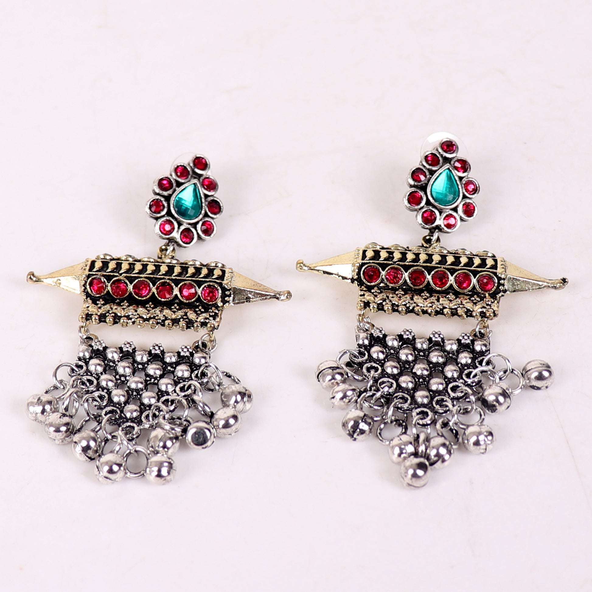 Earrings,Offbeat earrings in Double Tone (with Red and Green Rhinestones) - Cippele Multi Store