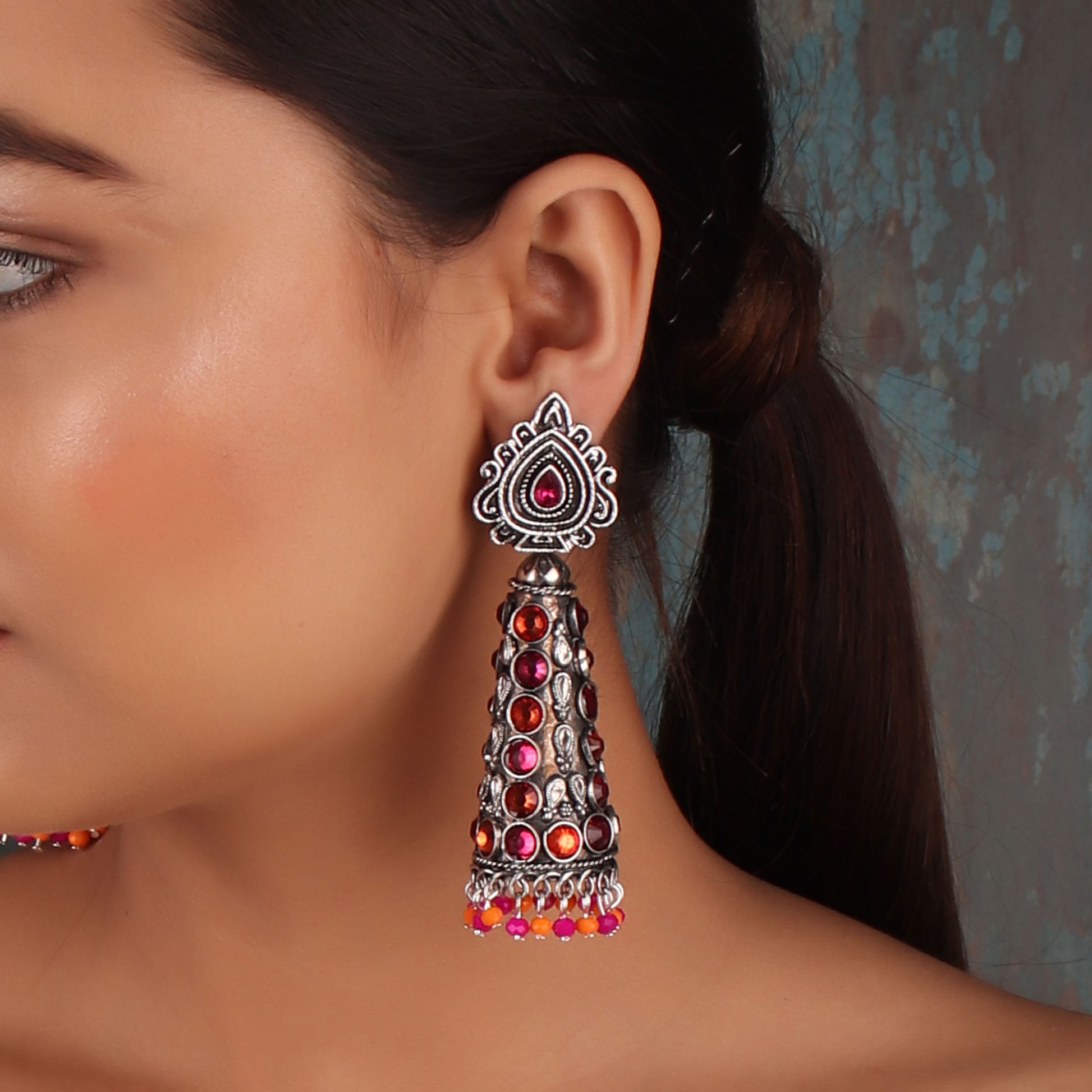 Earrings,The Surreal Treasure Cone Earrings with Pink & Orange Stones - Cippele Multi Store