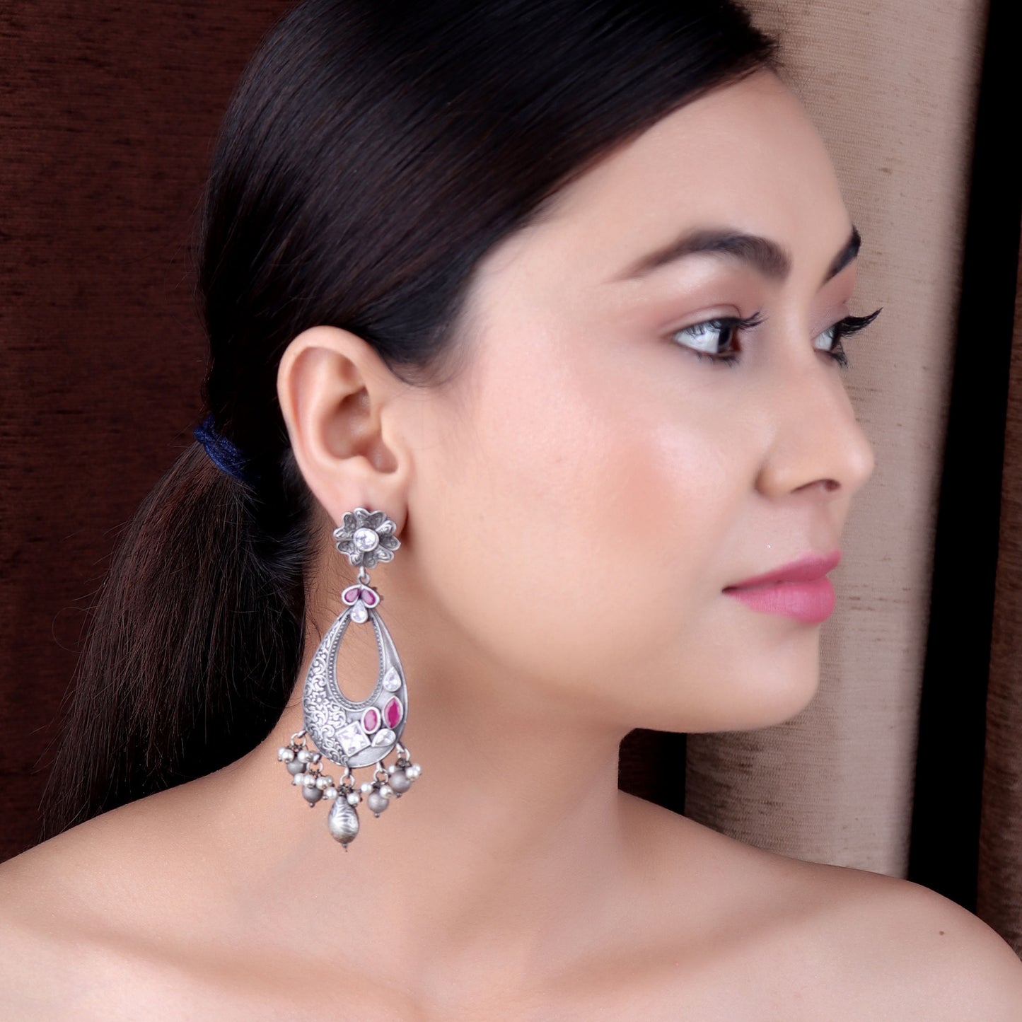 Earrings,The Paradise Silver Look Alike Earrings with Magenta & White Stone - Cippele Multi Store