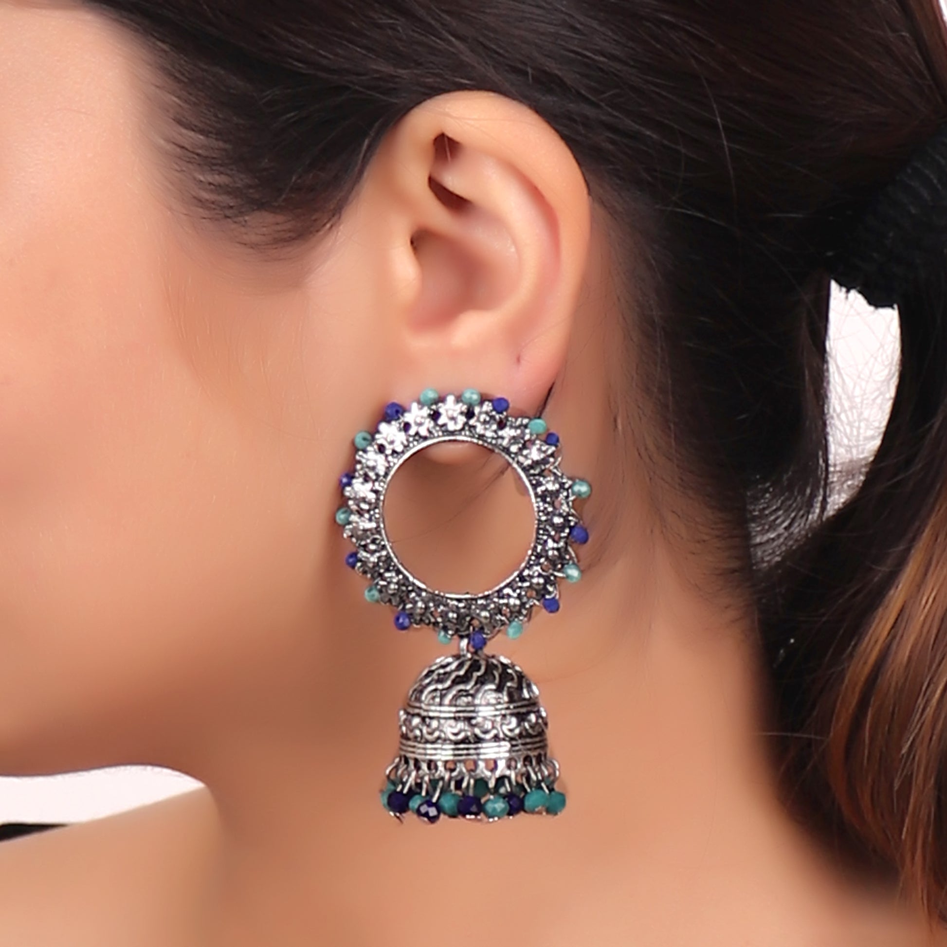 Earrings,Endearing Earrings with Jhoomer in Indigo Blue & Green - Cippele Multi Store
