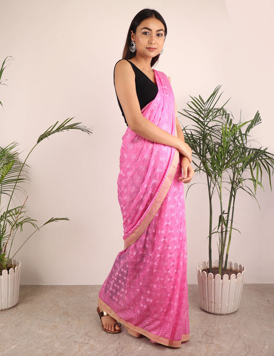 Saree,The Floral Phulkari Saree in Pink - Cippele Multi Store