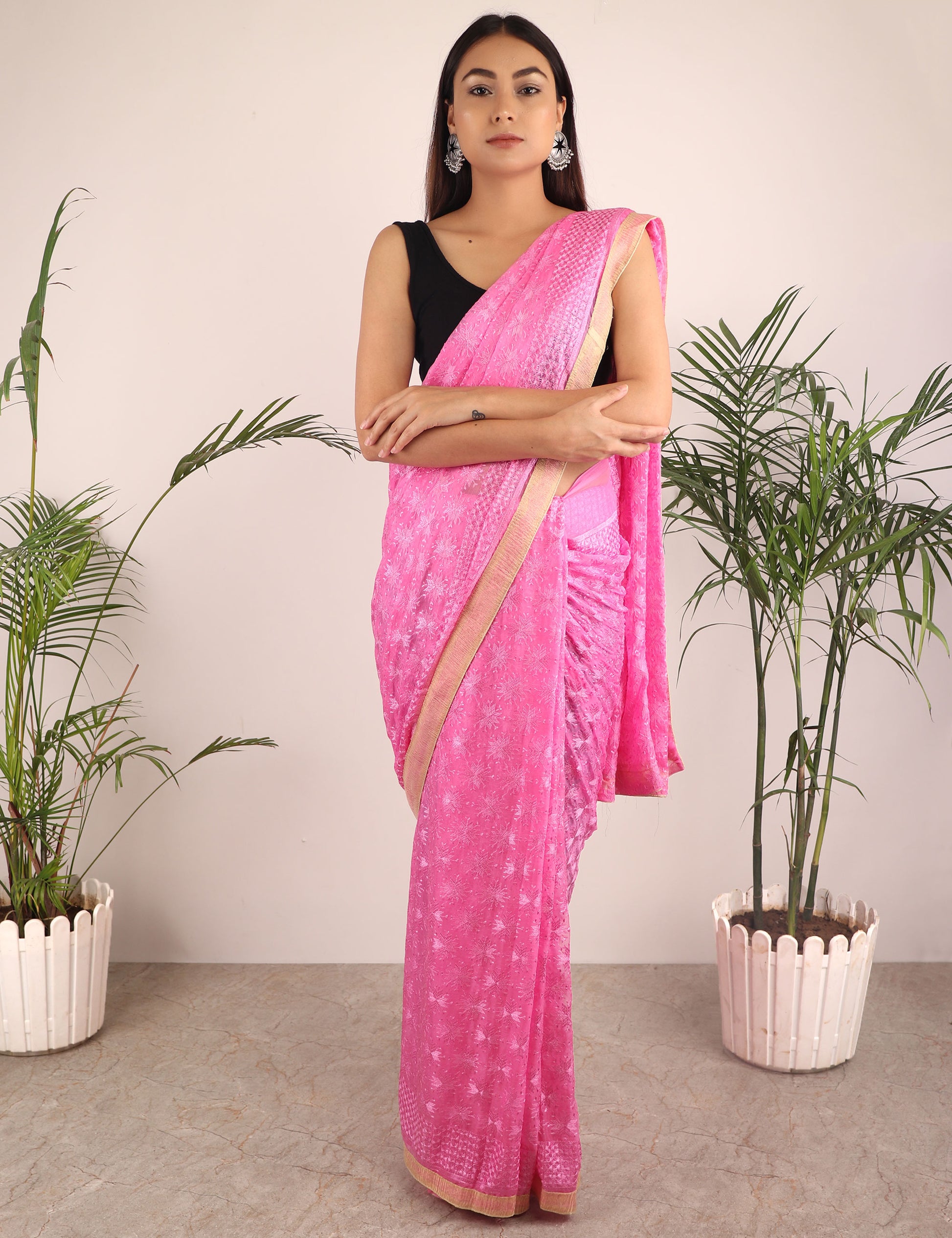 Saree,The Floral Phulkari Saree in Pink - Cippele Multi Store