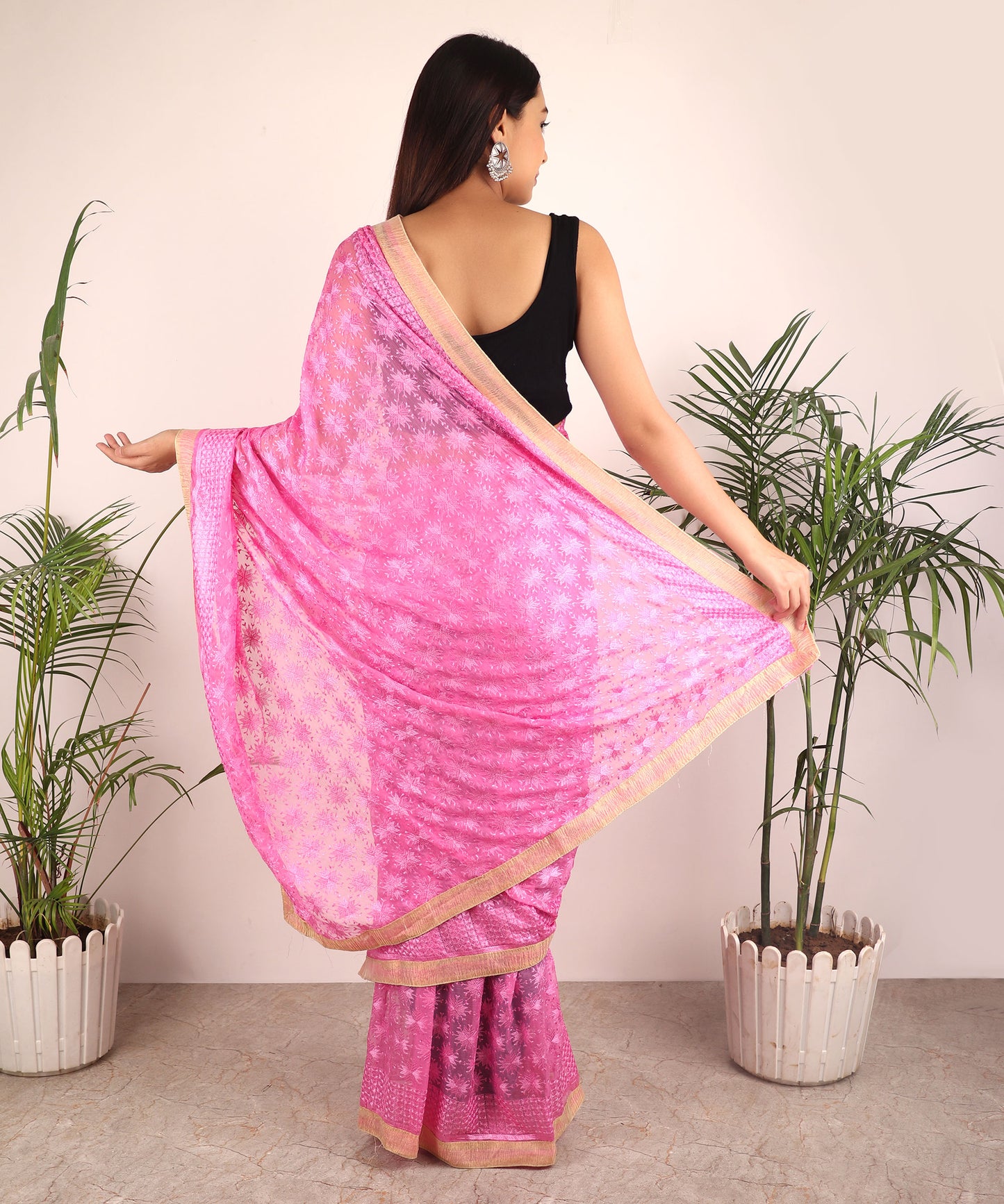 Saree,The Floral Phulkari Saree in Pink - Cippele Multi Store