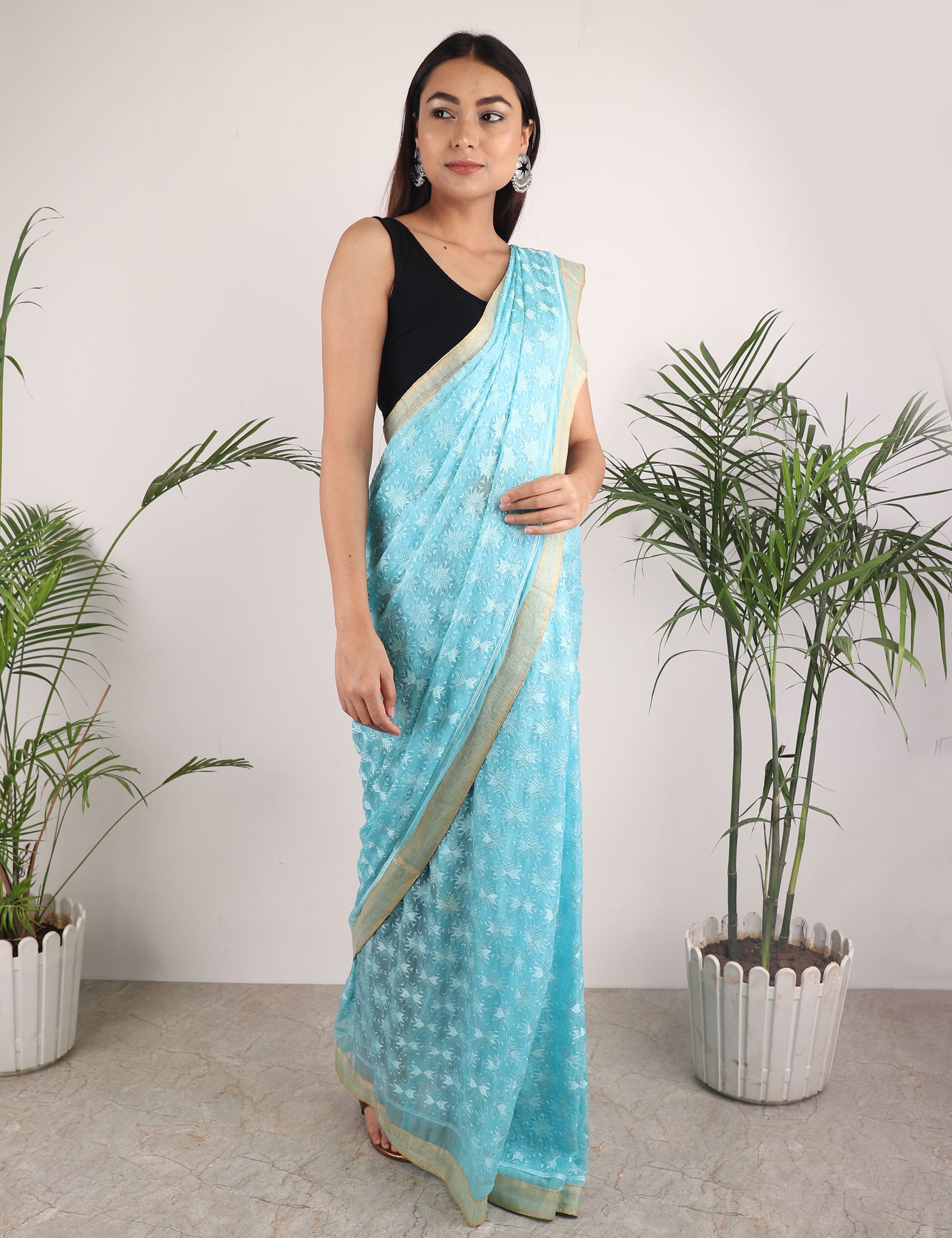 Saree,The Floral Phulkari Saree in Sky blue - Cippele Multi Store