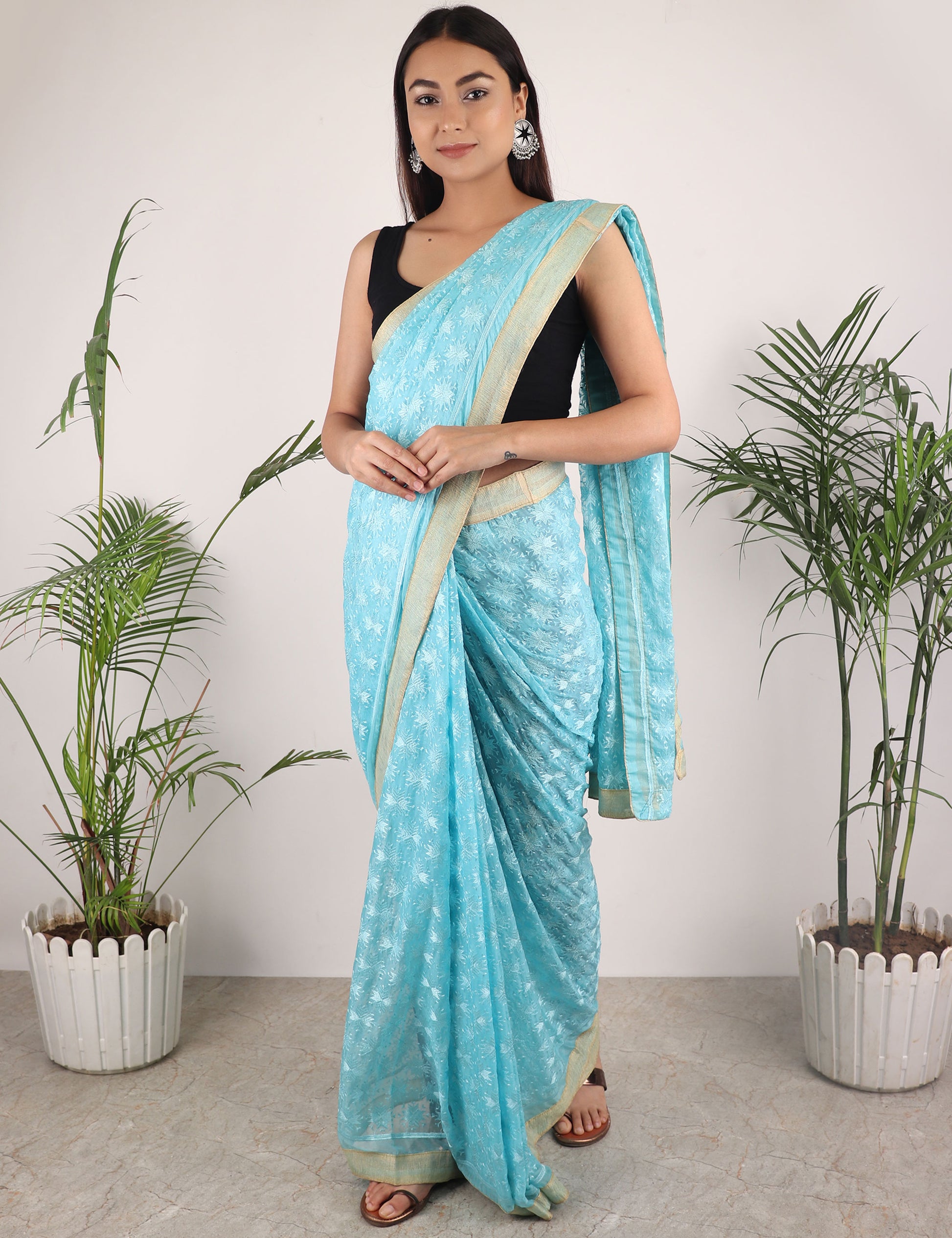 Saree,The Floral Phulkari Saree in Sky blue - Cippele Multi Store