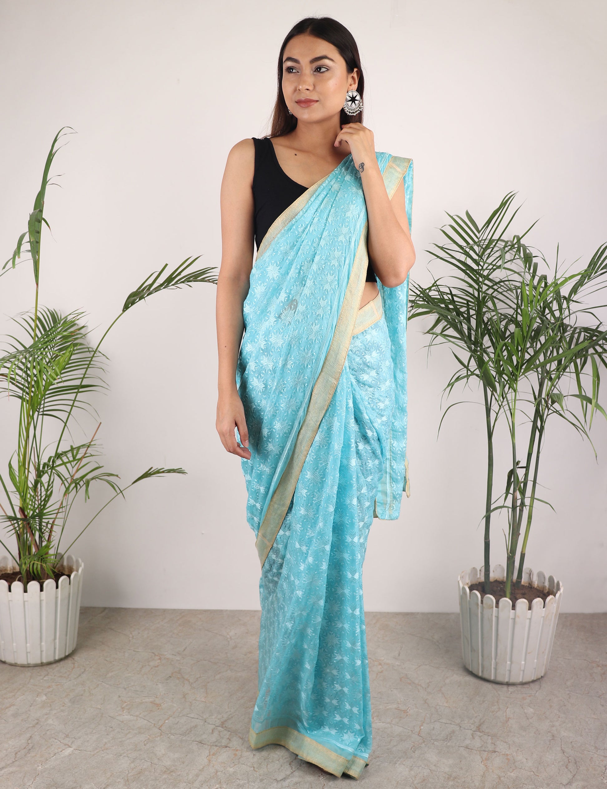 Saree,The Floral Phulkari Saree in Sky blue - Cippele Multi Store