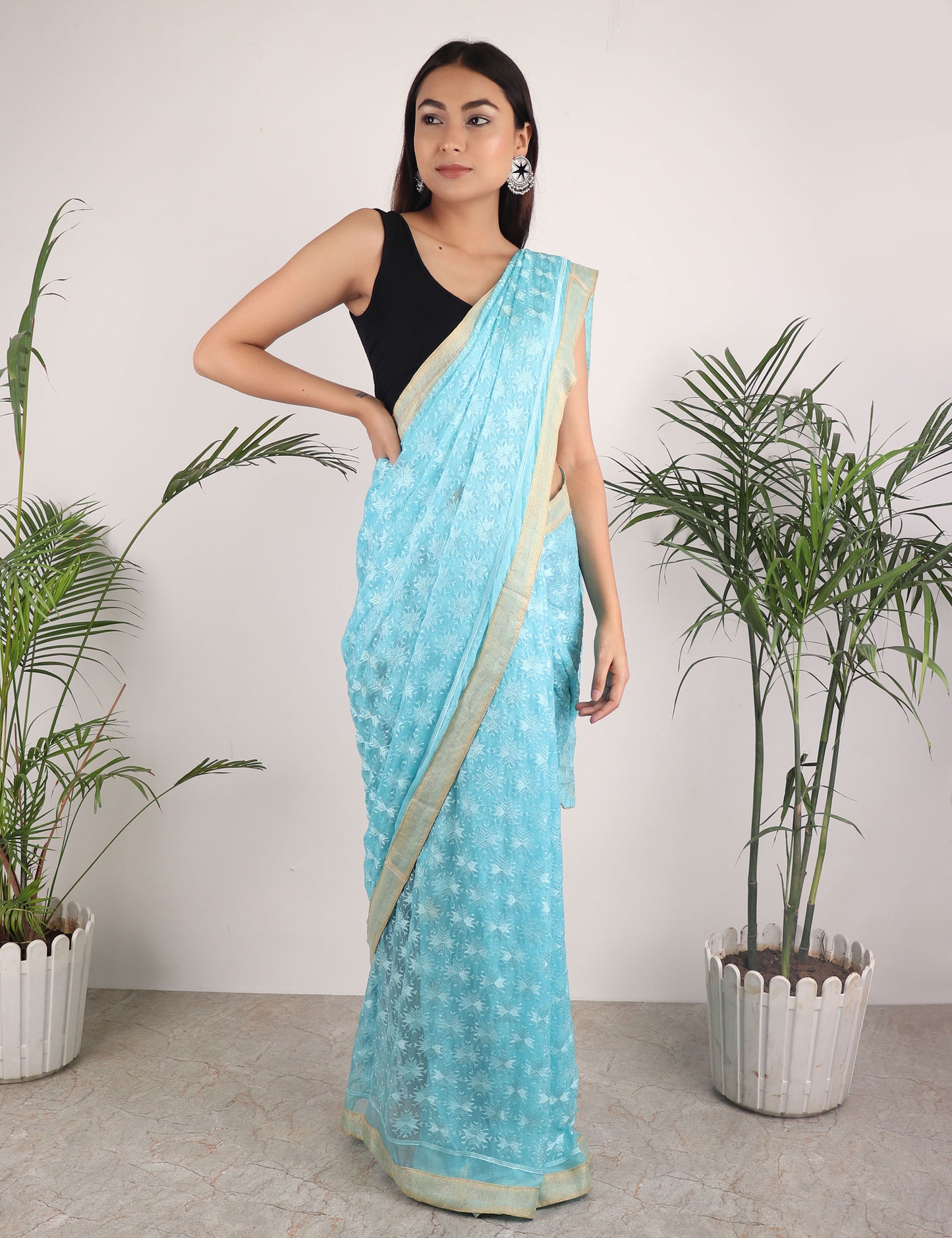 Saree,The Floral Phulkari Saree in Sky blue - Cippele Multi Store