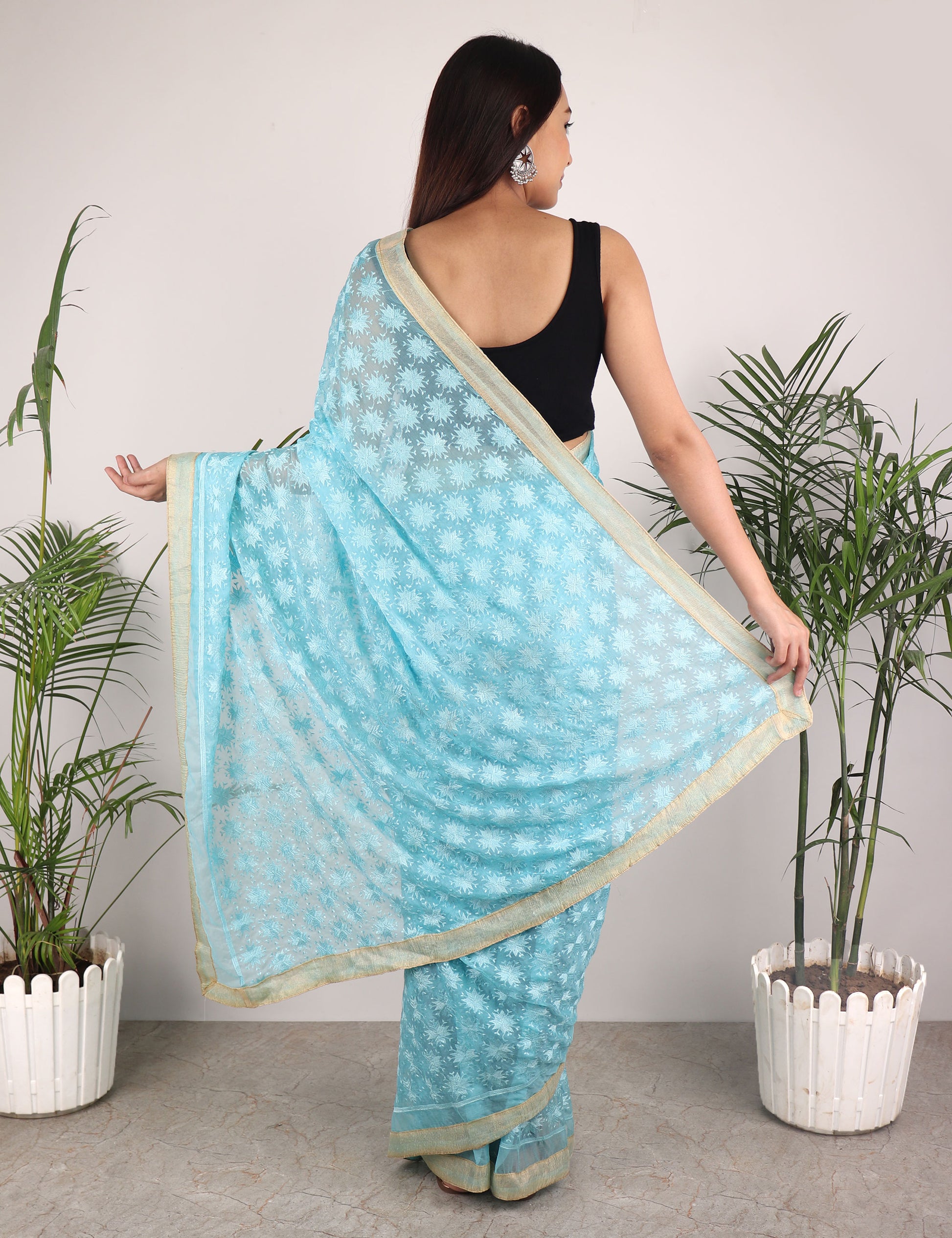 Saree,The Floral Phulkari Saree in Sky blue - Cippele Multi Store