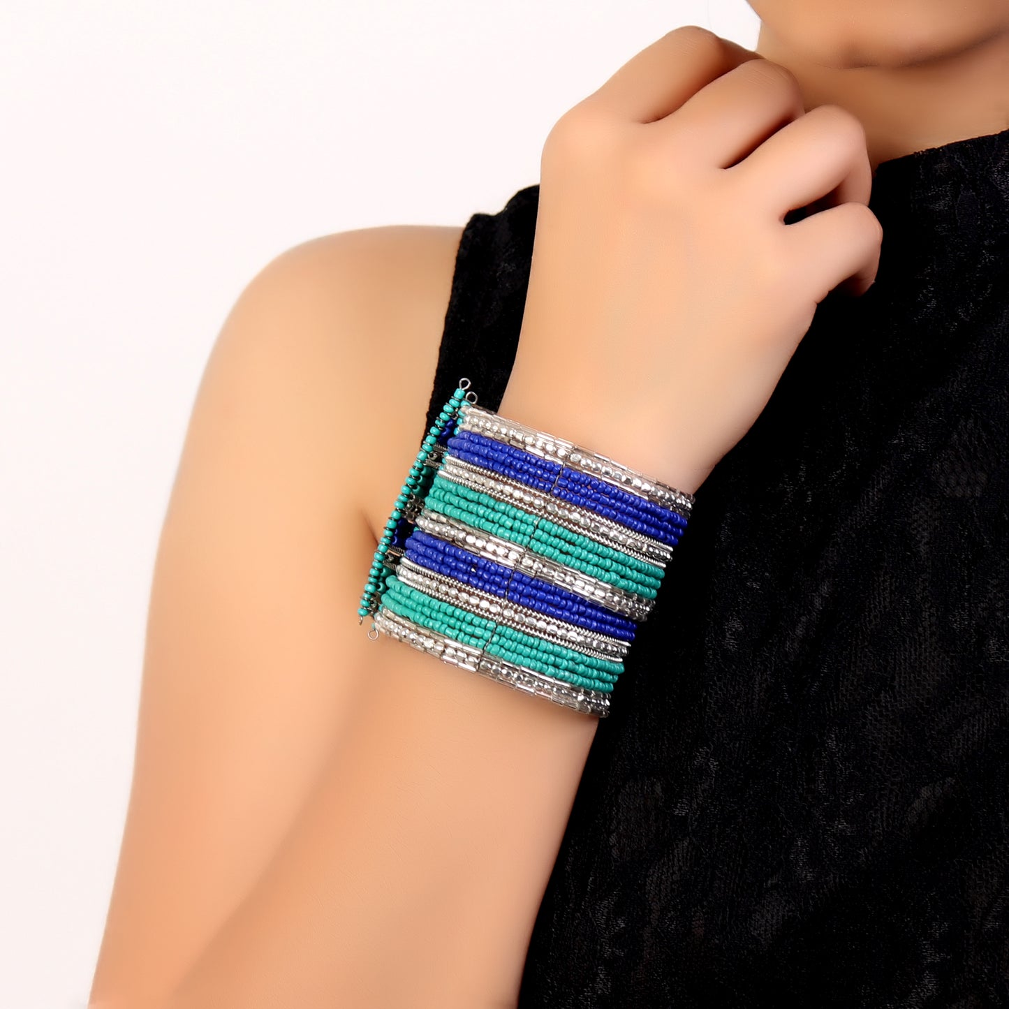 Hand Cuff,Hues of Blue Beaded Bangle Set in Silver - Cippele Multi Store