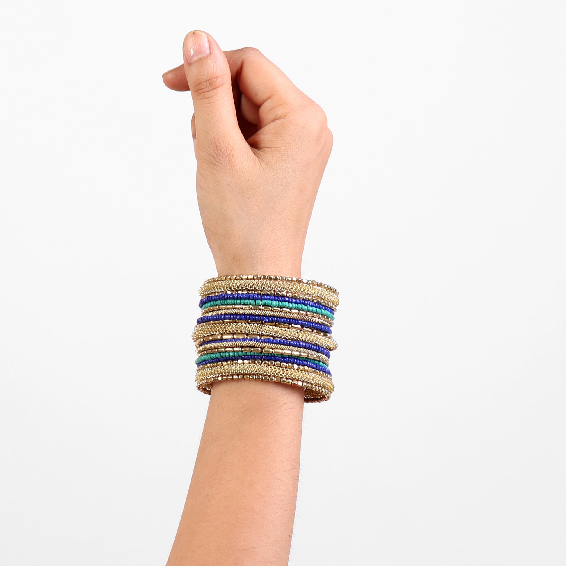 Hand Cuff,Hues of Blue Beaded Bangle Set in Golden - Cippele Multi Store
