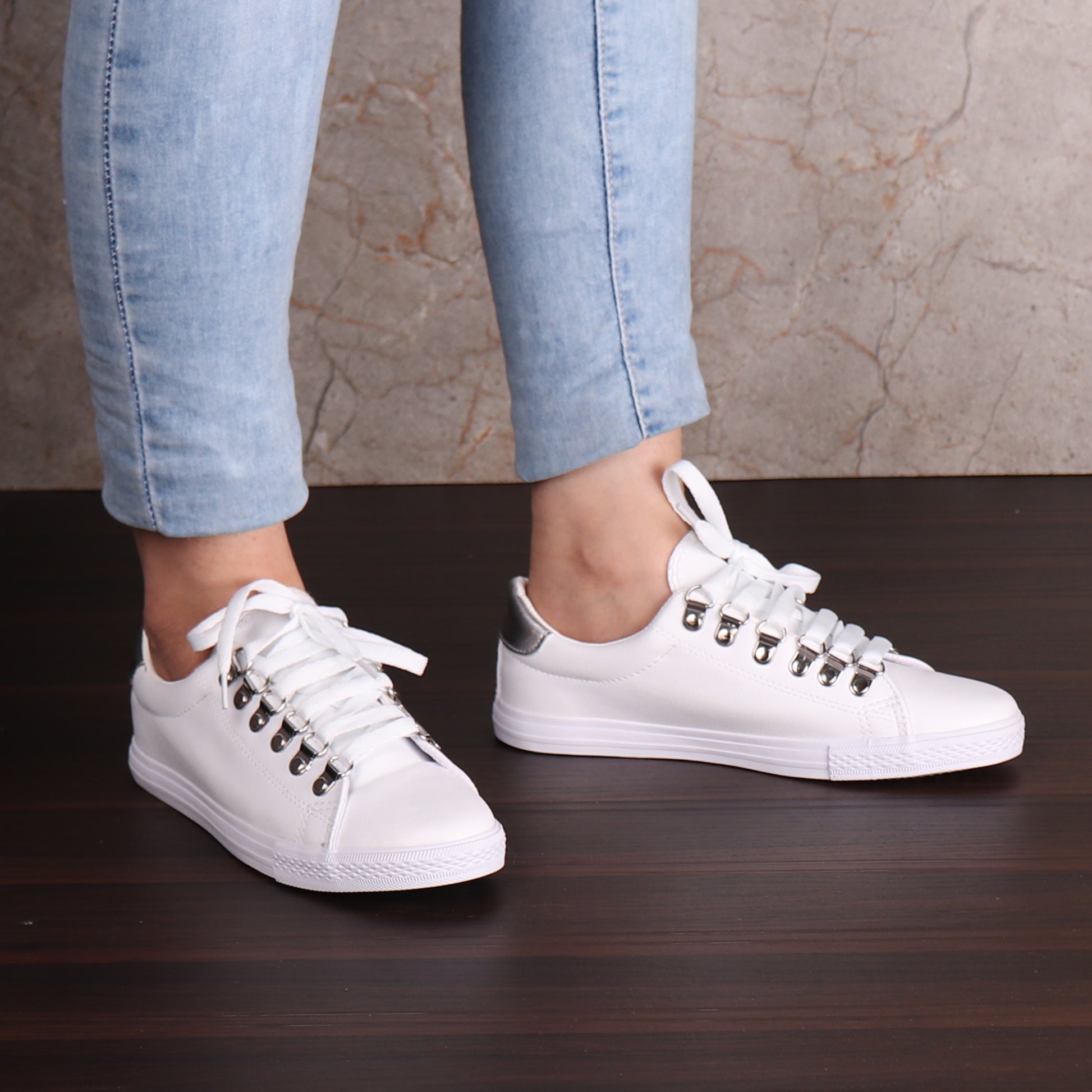 Foot Wear,White Sneaker with Silver Accents - Cippele Multi Store