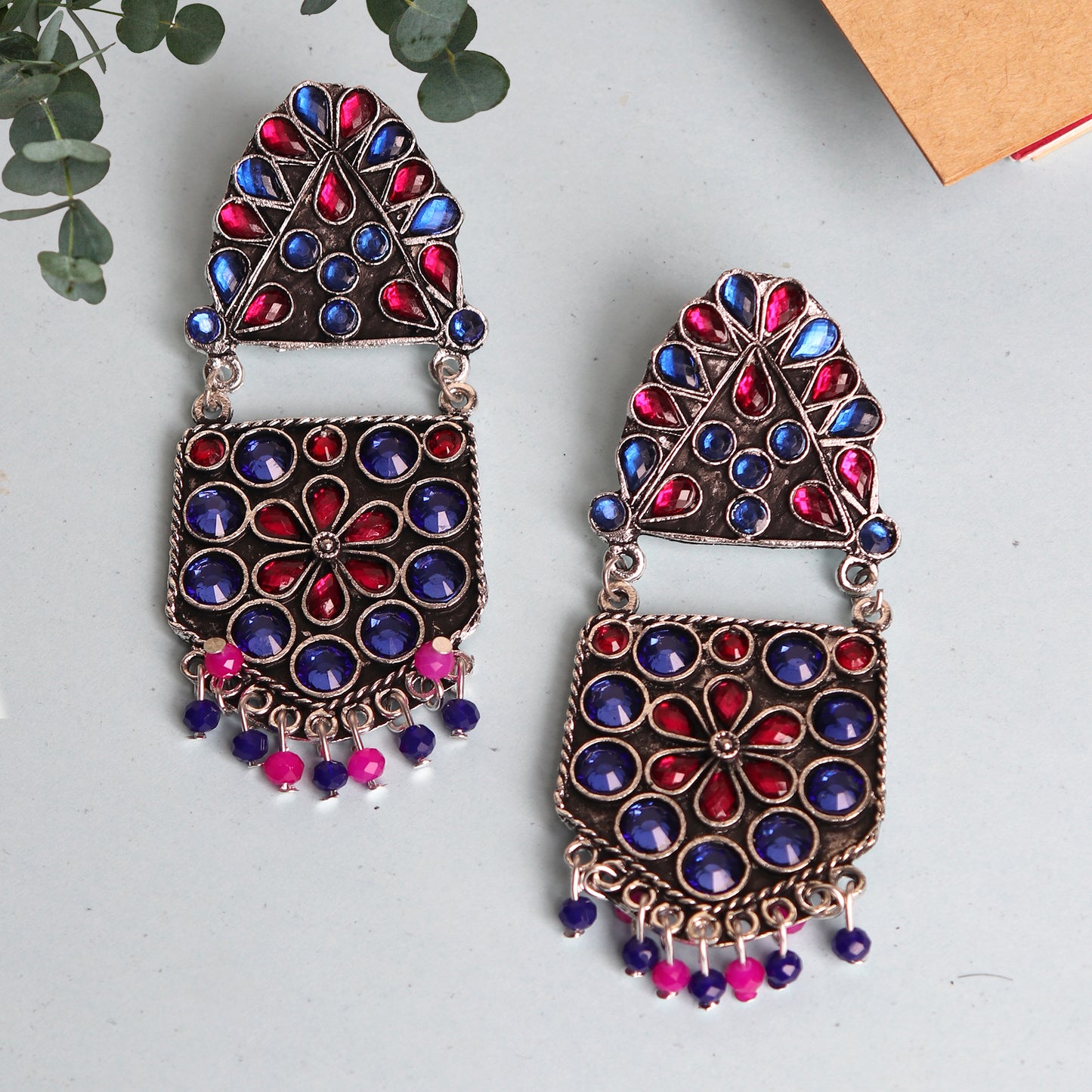 Earrings,The Flower Pearl Afghani earing in Blue & Magenta - Cippele Multi Store