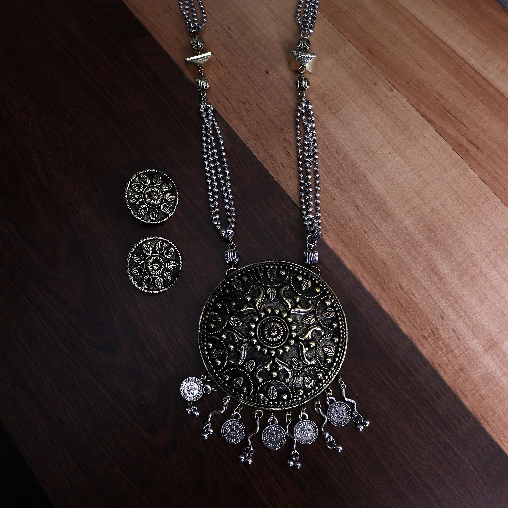 Necklace Set,Floral Punch Round Brass Pendant Set in Dual Tone - Cippele Multi Store