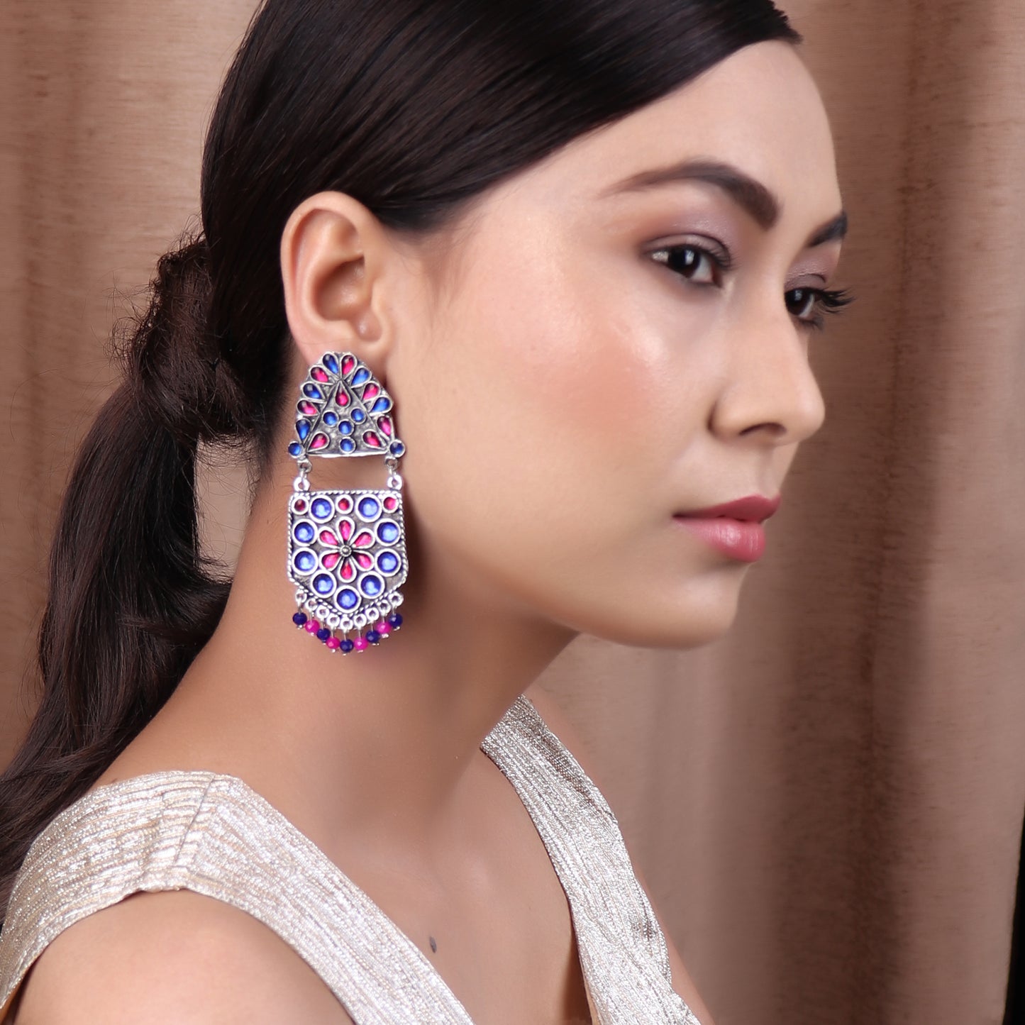 Earrings,The Flower Pearl Afghani earing in Blue & Magenta - Cippele Multi Store