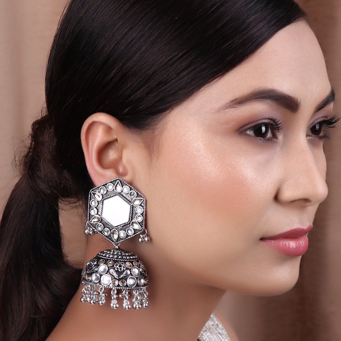 Earrings,Jhoomer Earring with Rhinestones and Mirror in White & Cream - Cippele Multi Store