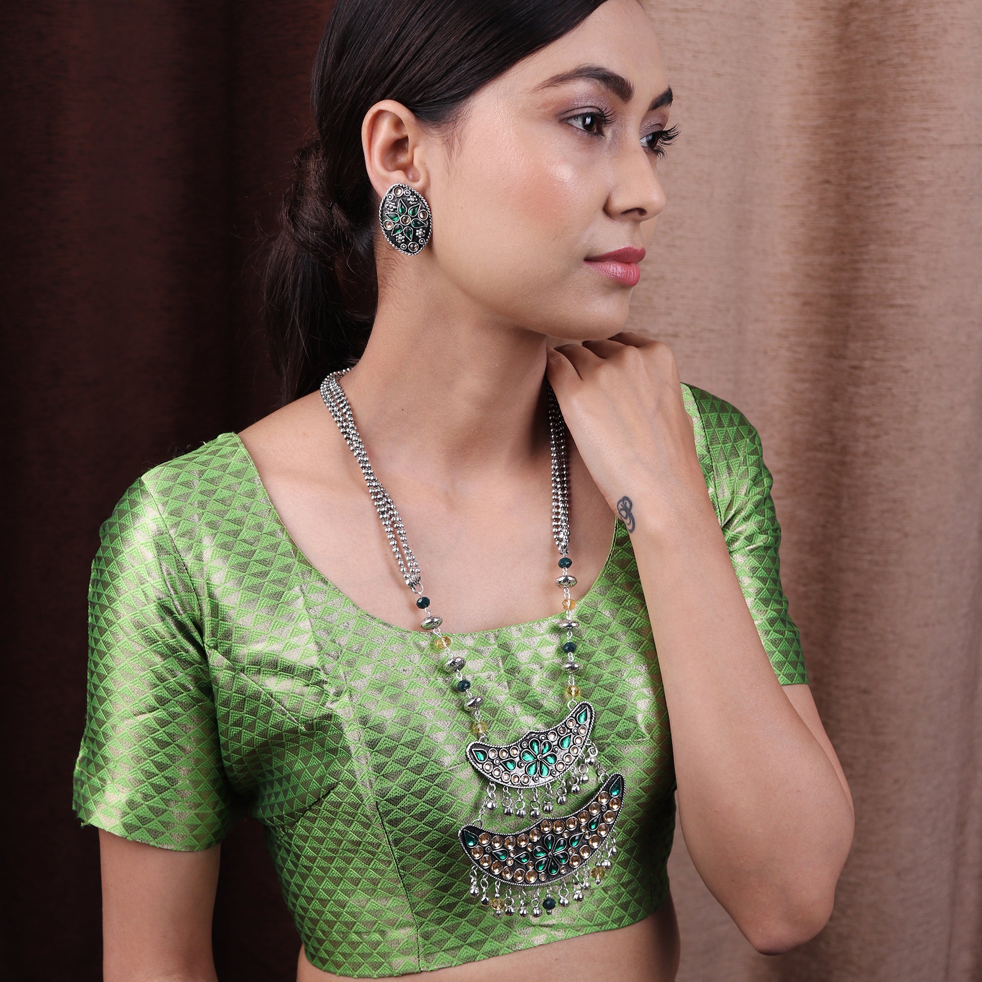 Necklace Set,The layered Moon Afghani Necklace set in Green & Cream - Cippele Multi Store
