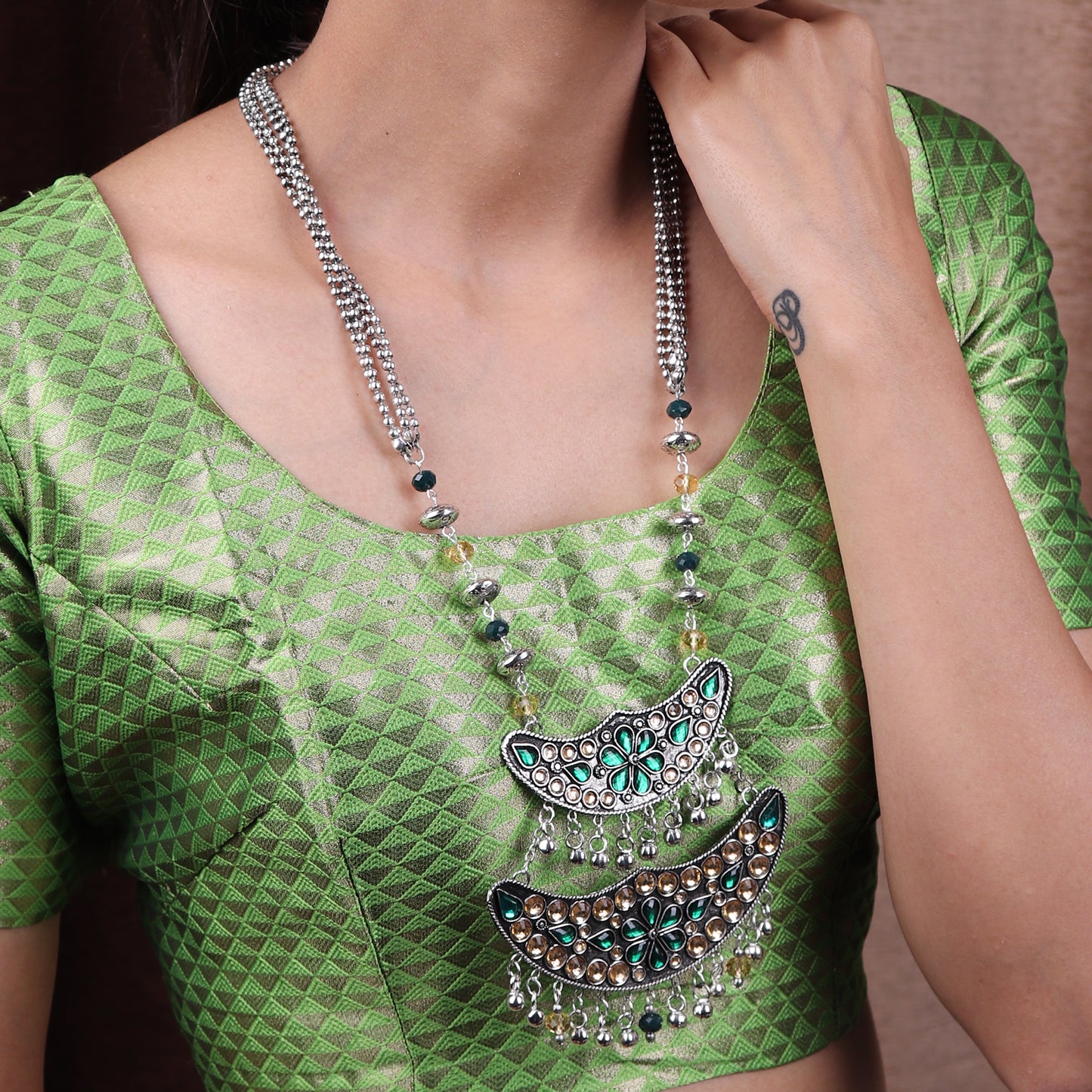 Necklace Set,The layered Moon Afghani Necklace set in Green & Cream - Cippele Multi Store
