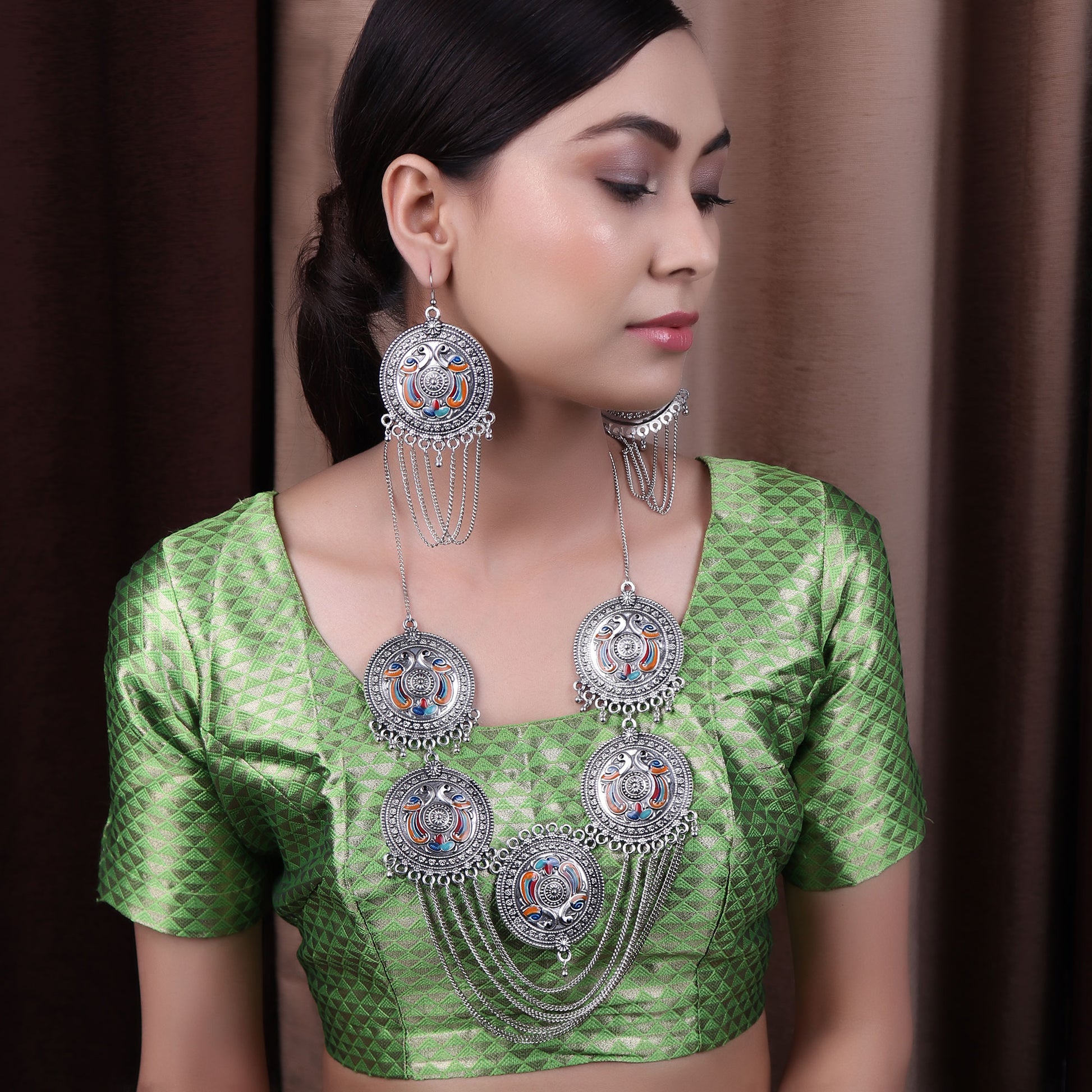 Necklace Set,The designer Colorful Peacock Necklace Set in Silver - Cippele Multi Store