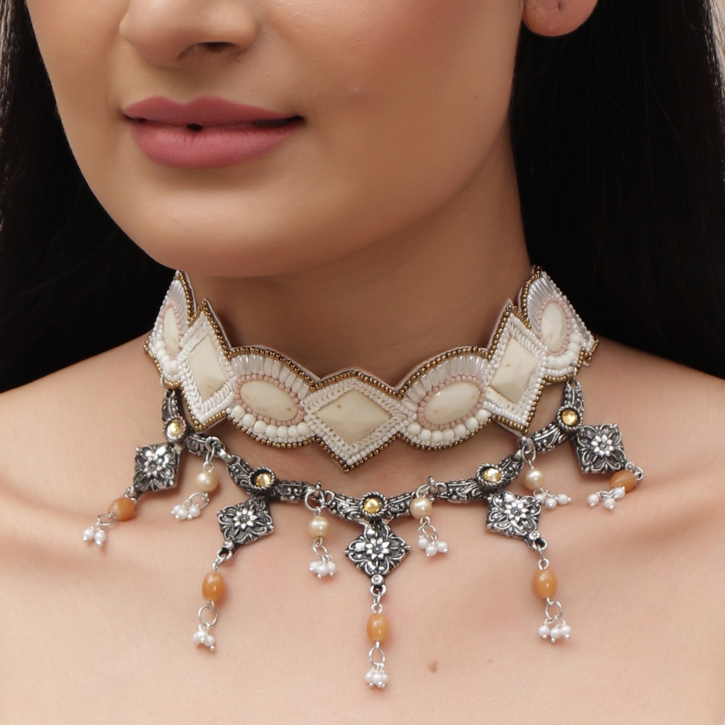 The Quirky Coral White Beaded Choker