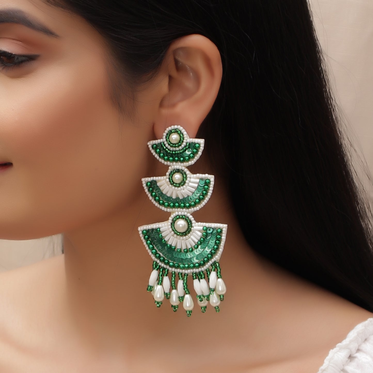 The White & Green Beaded Trinkara Earrings