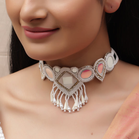 The Riveting Glassy White Beaded Choker