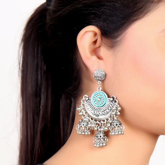 Earrings,Oxidized Triple Jhoomer Earrings with Color Punch - Cippele Multi Store