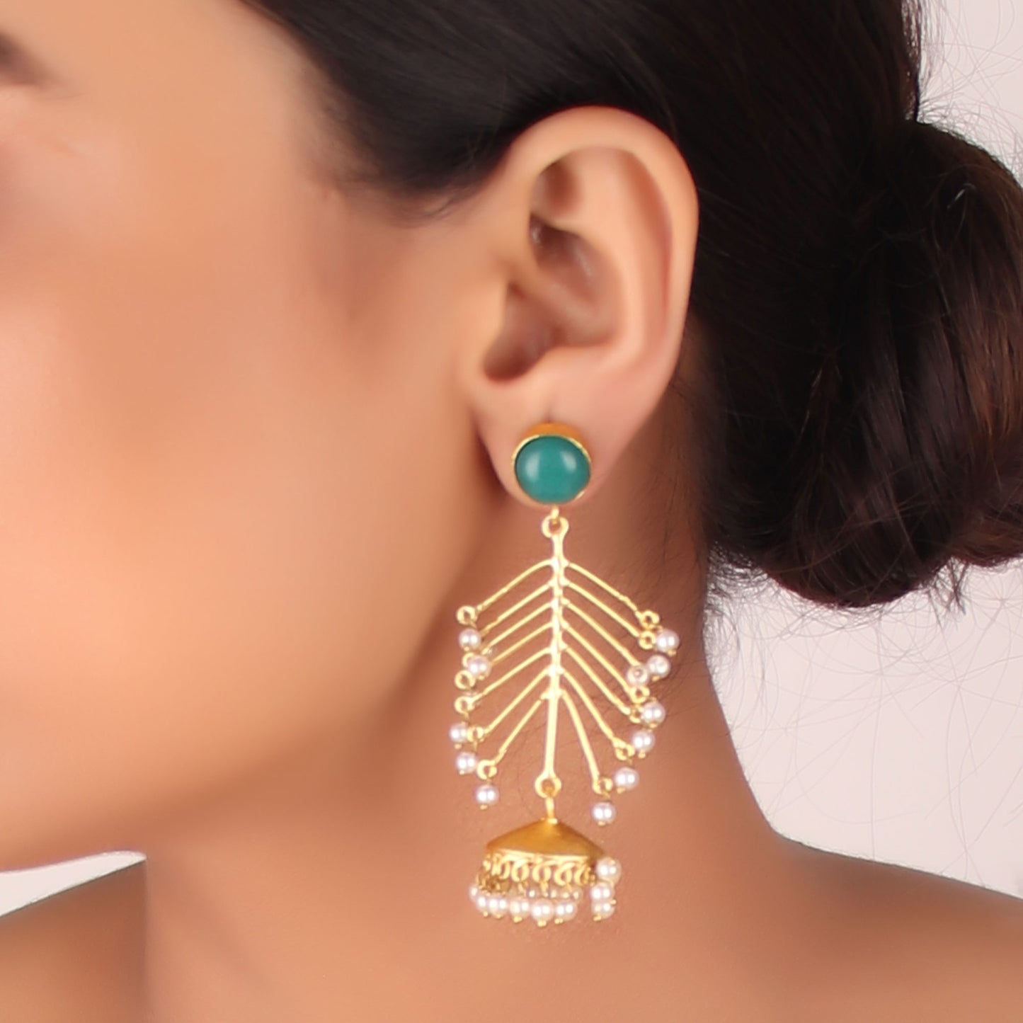 Earrings,The Elite Golden Fern Earrings with Green Stone - Cippele Multi Store
