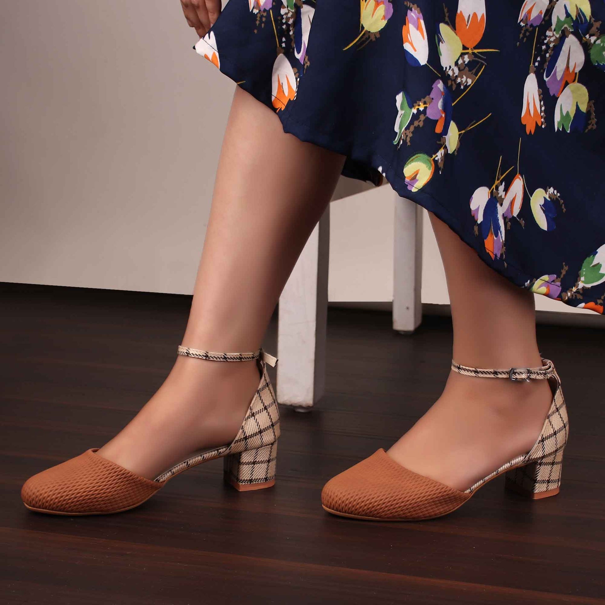 Foot Wear,The Interweave Checked Tan Block Heels - Cippele Multi Store