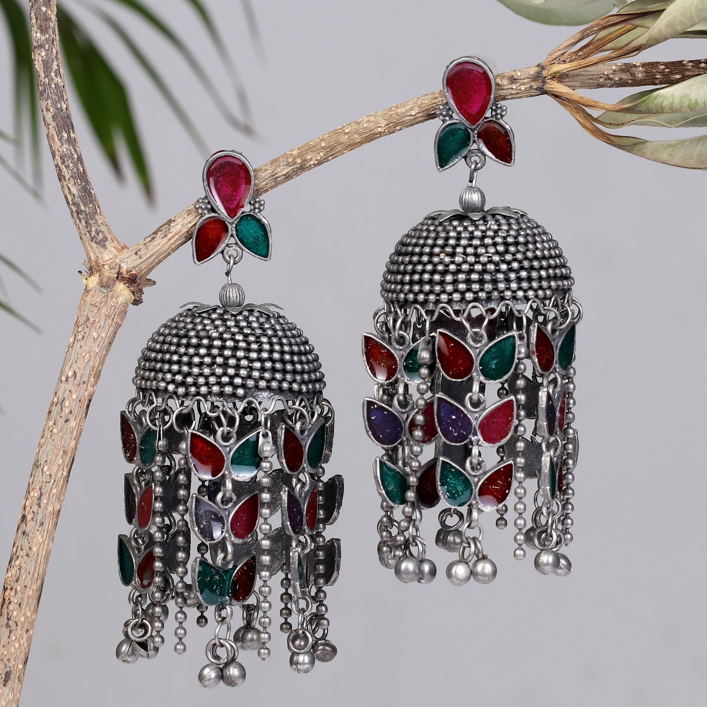 Antique Finish Meenakari Studded Jhumkas
