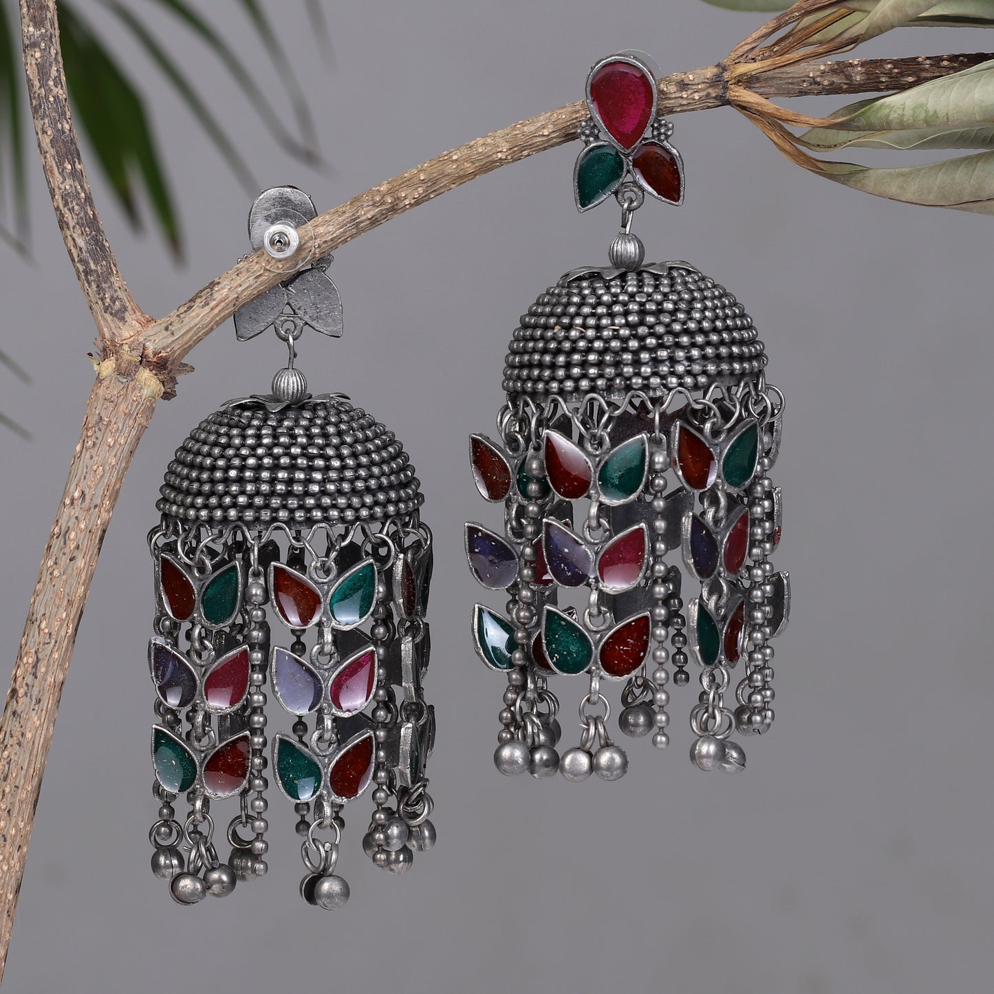 Antique Finish Meenakari Studded Jhumkas