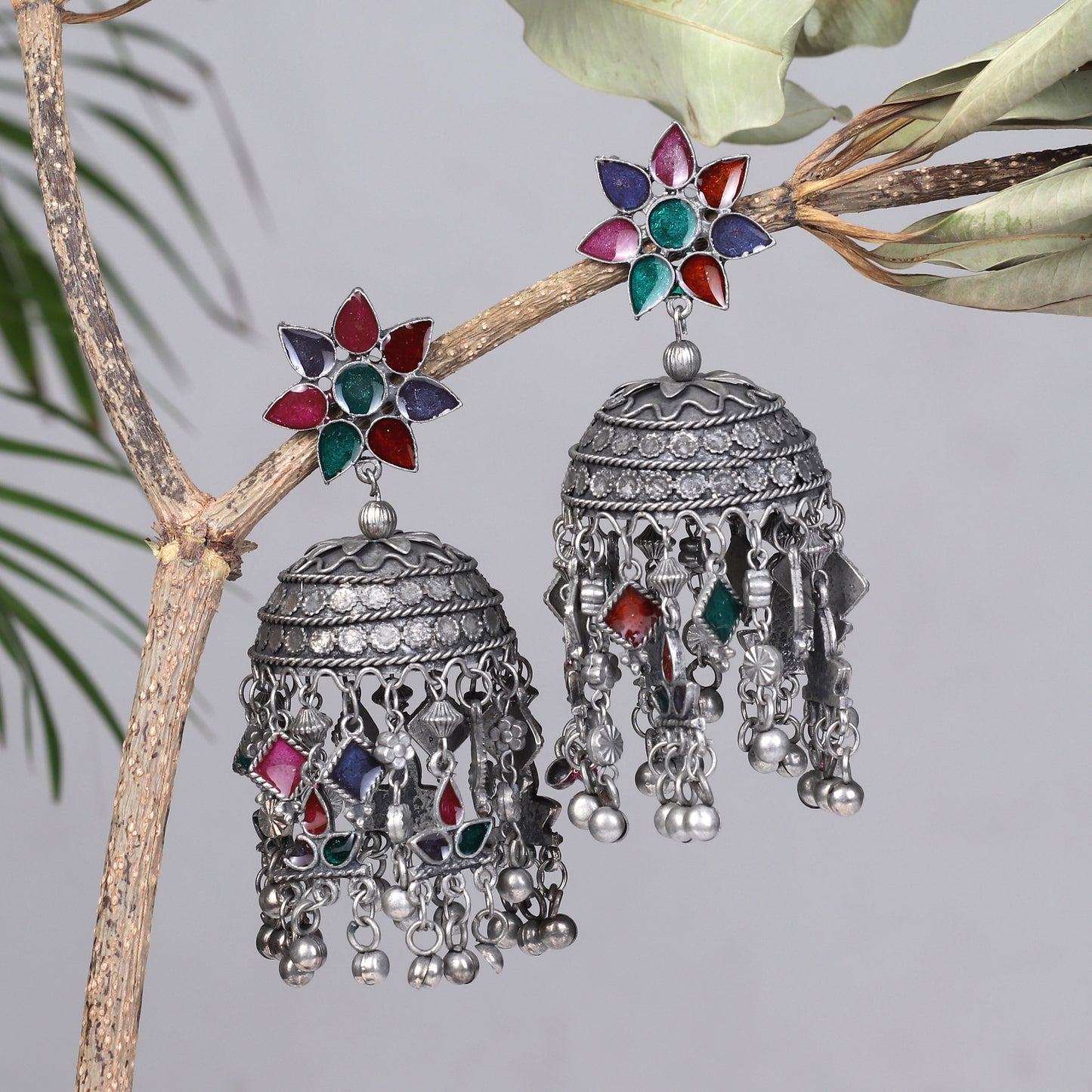 Antique Finish Floral Fiesta Meenakari Jhumkas